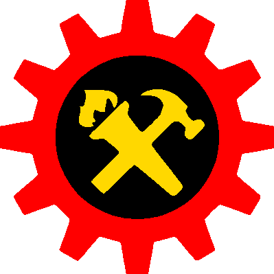 A red cog with an yellow-on-black emblem